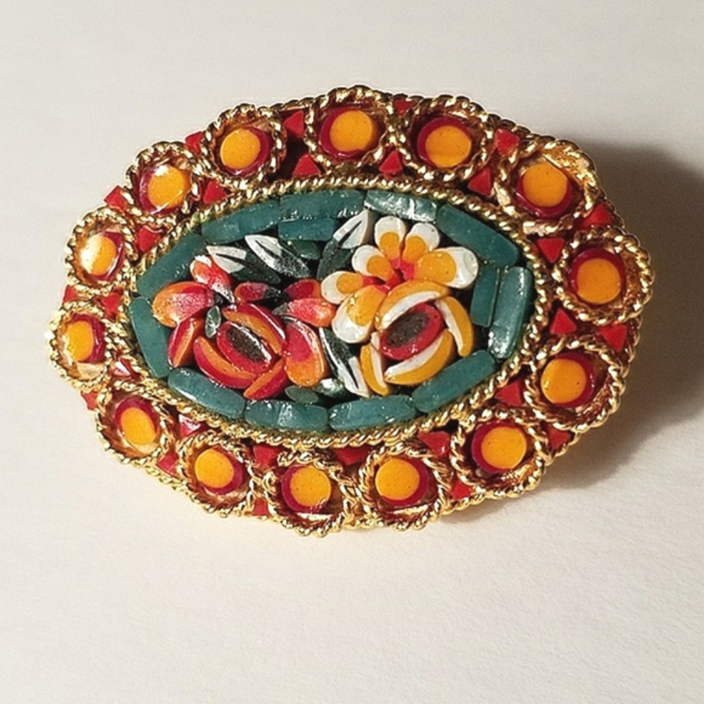 Vintage Italian Floral Micro Mosaic Pin Brooch